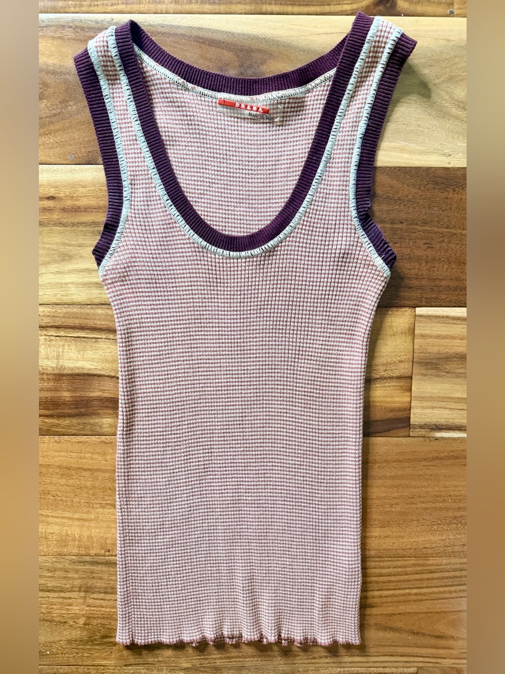 Prada Pink Waffle Ribbed Tank with Maroon and Cream Trim